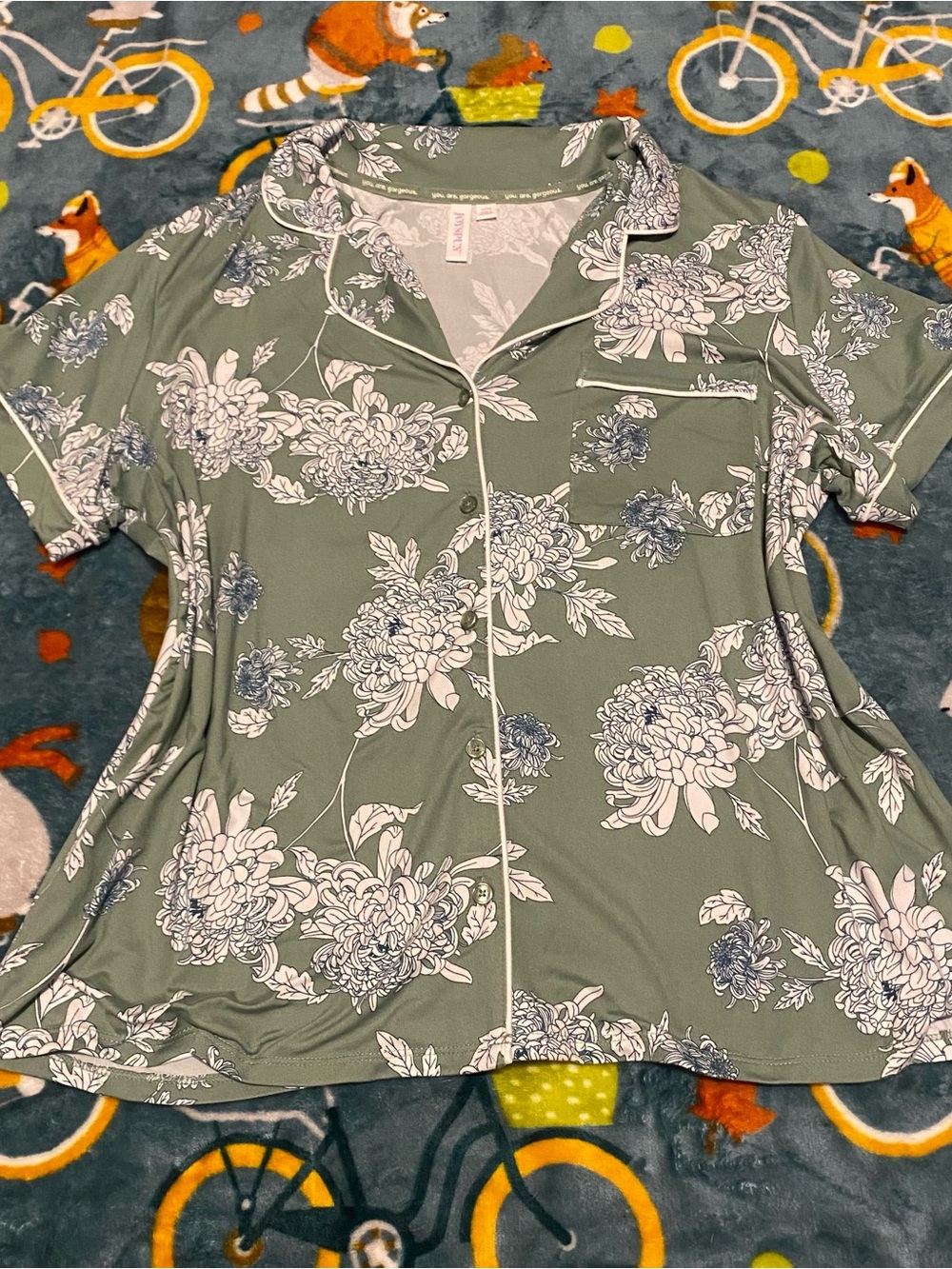 Women's Sage Green Floral Short-Sleeve Pajama Top